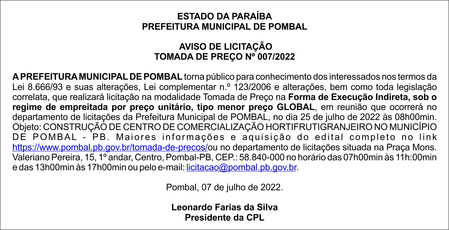 PREFEITURA MUNICIPAL DE POMBAL – AVISO DE LICITAÇÃO – TOMADA DE PREÇO Nº 007/2022
