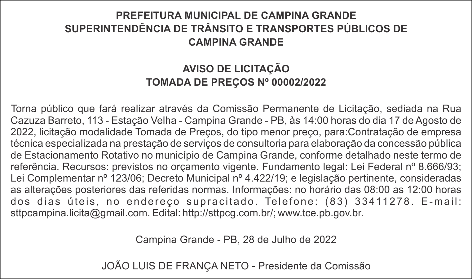 STTP/CG – AVISO DE LICITAÇÃO – TOMADA DE PREÇOS Nº 00002/2022