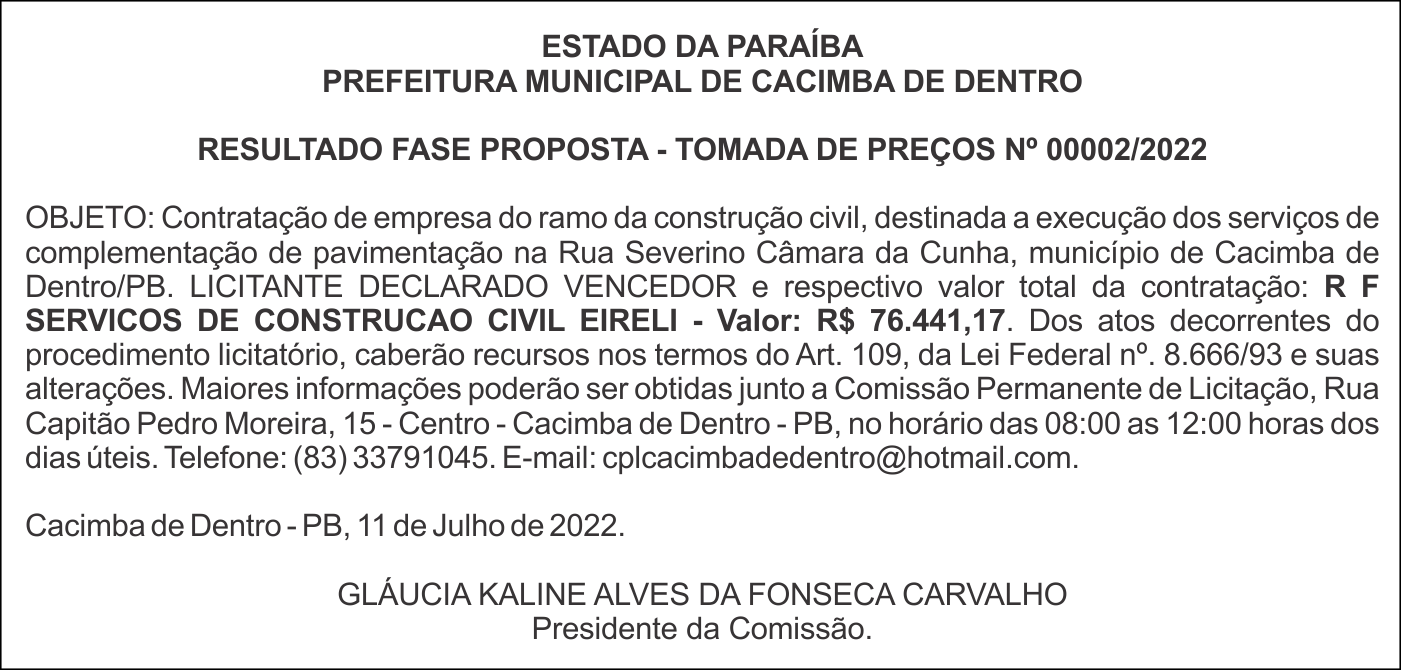 PREFEITURA MUNICIPAL DE CACIMBA DE DENTRO – RESULTADO FASE PROPOSTA – TOMADA DE PREÇOS Nº 00002/2022