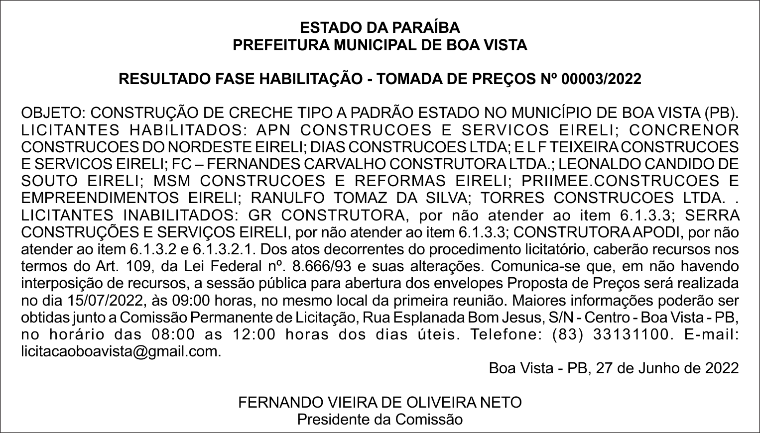 PREFEITURA MUNICIPAL DE BOA VISTA – RESULTADO FASE HABILITAÇÃO – TOMADA DE PREÇOS Nº 00003/2022