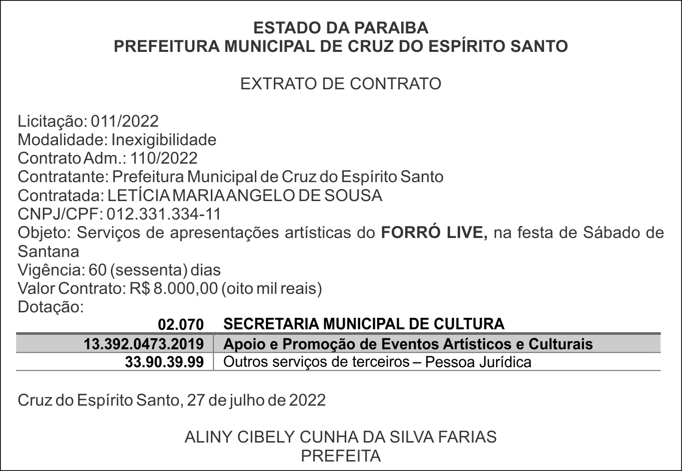 PREFEITURA MUNICIPAL DE CRUZ DO ESPÍRITO SANTO – EXTRATO DE CONTRATO