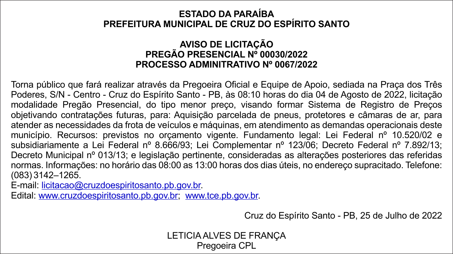 PREFEITURA MUNICIPAL DE CRUZ DO ESPÍRITO SANTO – AVISO DE LICITAÇÃO – PREGÃO PRESENCIAL Nº 00030/2022