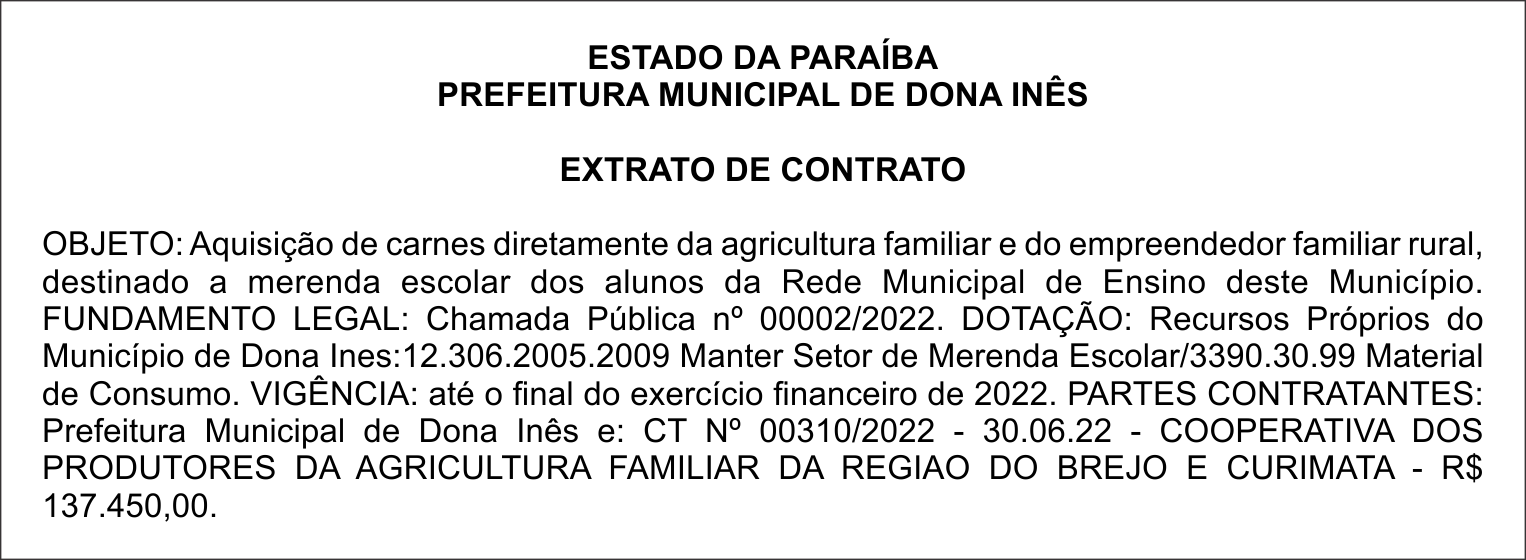PREFEITURA MUNICIPAL DE DONA INÊS – EXTRATO DE CONTRATO