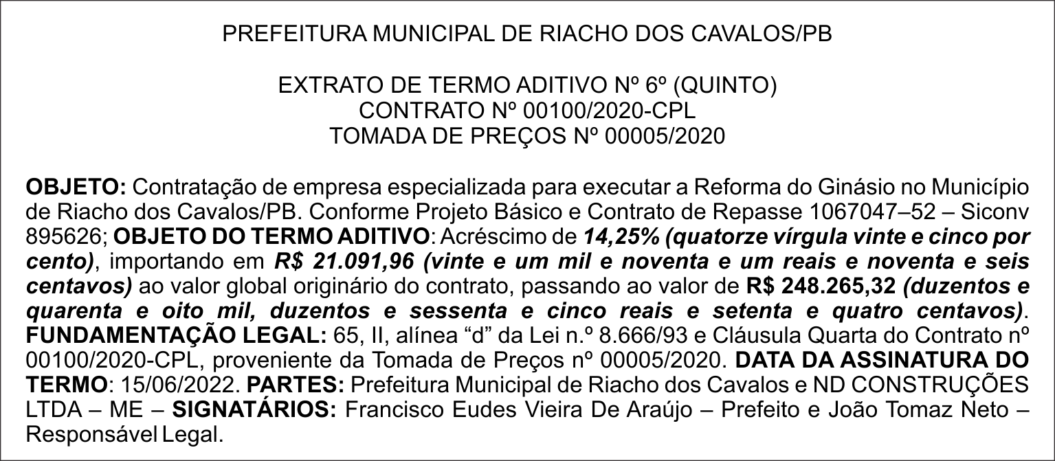 PREFEITURA MUNICIPAL DE RIACHO DOS CAVALOS/PB – EXTRATO DE TERMO ADITIVO Nº 6º (QUINTO) – CONTRATO Nº 00100/2020-CPL