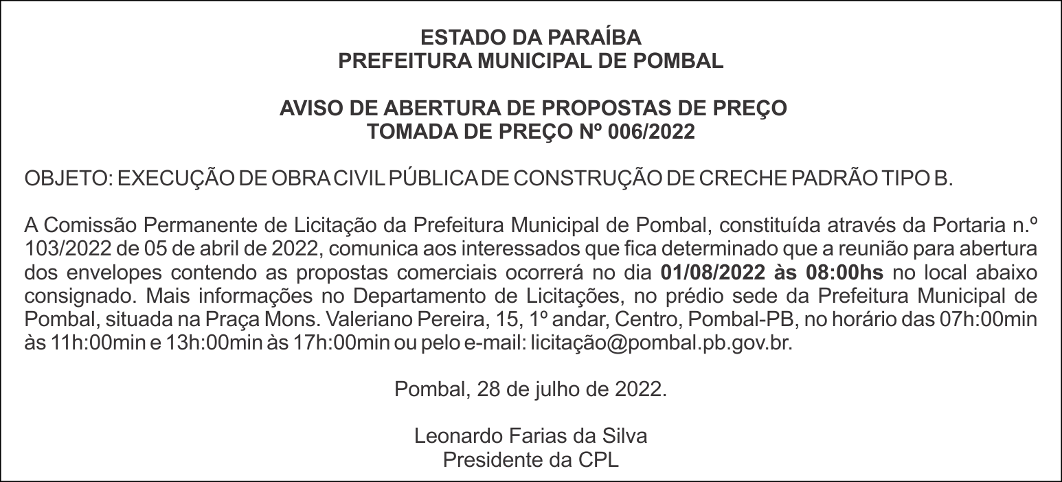 PREFEITURA MUNICIPAL DE POMBAL – AVISO DE ABERTURA DE PROPOSTAS DE PREÇO – TOMADA DE PREÇO Nº 006/2022