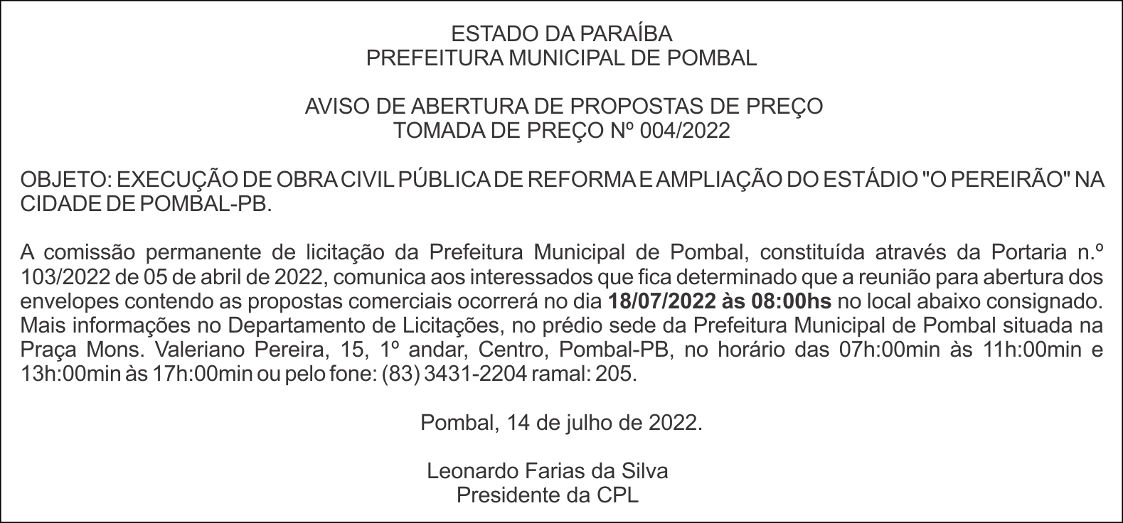 PREFEITURA MUNICIPAL DE POMBAL – AVISO DE ABERTURA DE PROPOSTAS DE PREÇO – TOMADA DE PREÇO Nº 004/2022