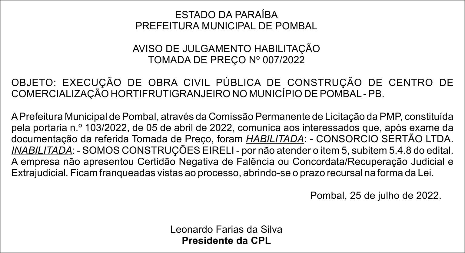 PREFEITURA MUNICIPAL DE POMBAL – AVISO DE JULGAMENTO HABILITAÇÃO – TOMADA DE PREÇO Nº 007/2022