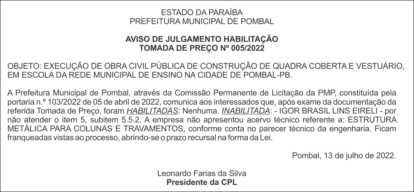 PREFEITURA MUNICIPAL DE POMBAL – AVISO DE JULGAMENTO HABILITAÇÃO – TOMADA DE PREÇO Nº 005/2022
