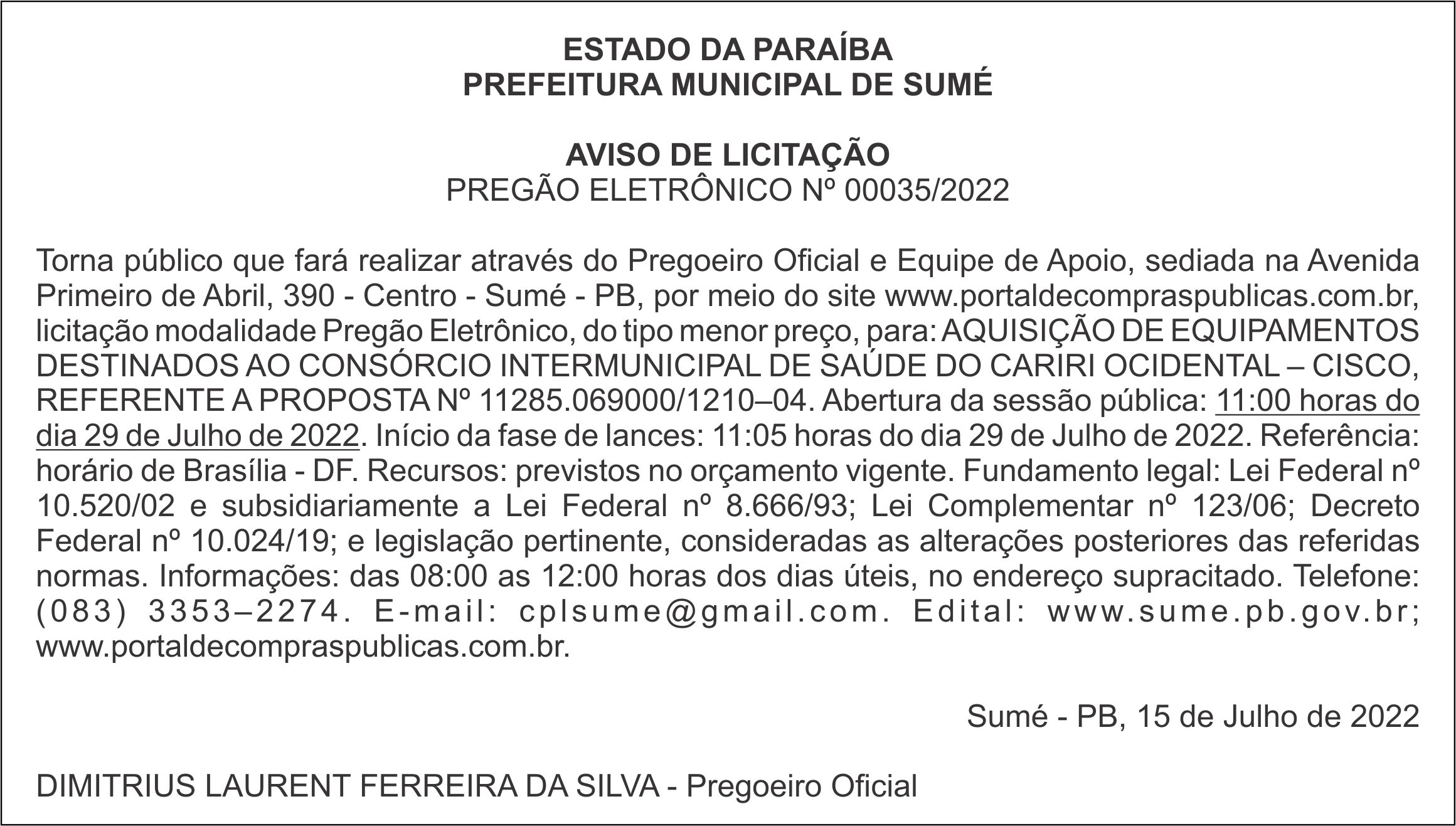 PREFEITURA MUNICIPAL DE SUMÉ – AVISO DE LICITAÇÃO – PREGÃO ELETRÔNICO Nº 00035/2022