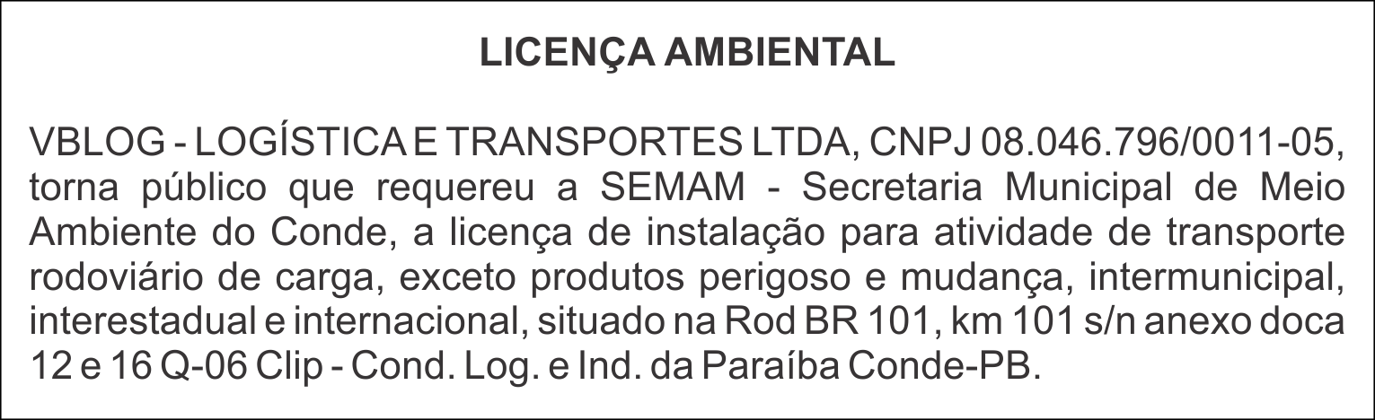 VBLOG – LOGÍSTICA E TRANSPORTES LTDA – LICENÇA AMBIENTAL