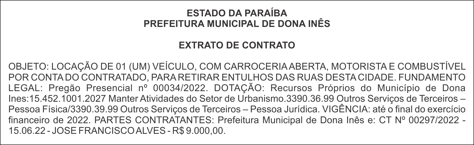 PREFEITURA MUNICIPAL DE DONA INÊS – EXTRATO DE CONTRATO