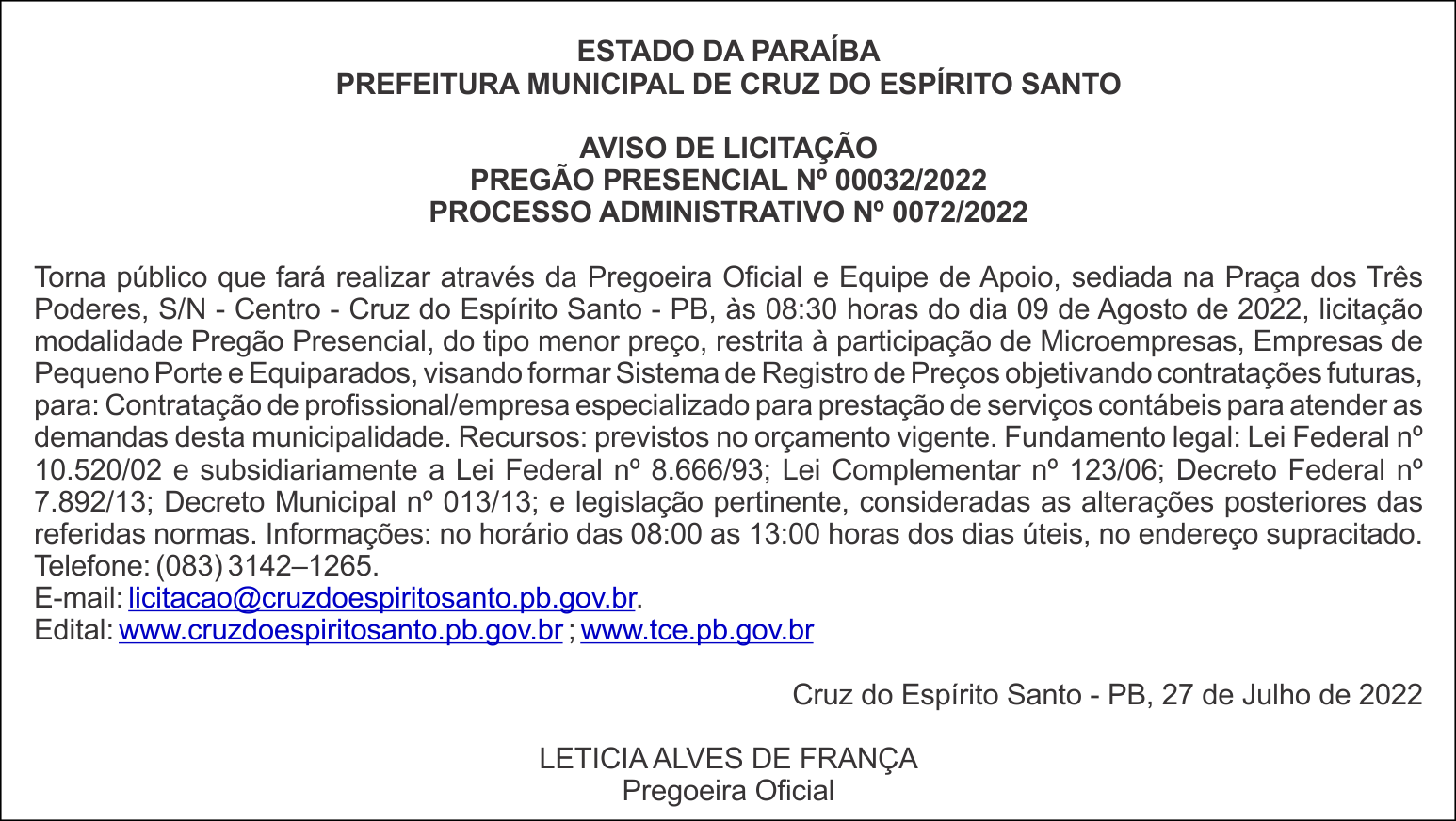 PREFEITURA MUNICIPAL DE CRUZ DO ESPÍRITO SANTO – AVISO DE LICITAÇÃO – PREGÃO PRESENCIAL Nº 00032/2022
