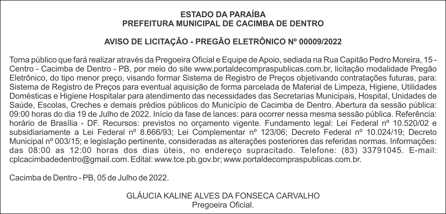 PREFEITURA MUNICIPAL DE CACIMBA DE DENTRO – AVISO DE LICITAÇÃO – PREGÃO ELETRÔNICO Nº 00009/2022