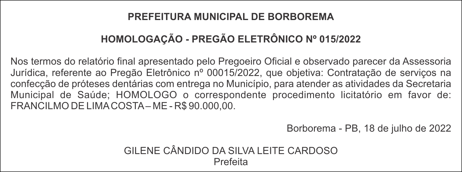 PREFEITURA MUNICIPAL DE BORBOREMA – HOMOLOGAÇÃO – PREGÃO ELETRÔNICO Nº 015/2022
