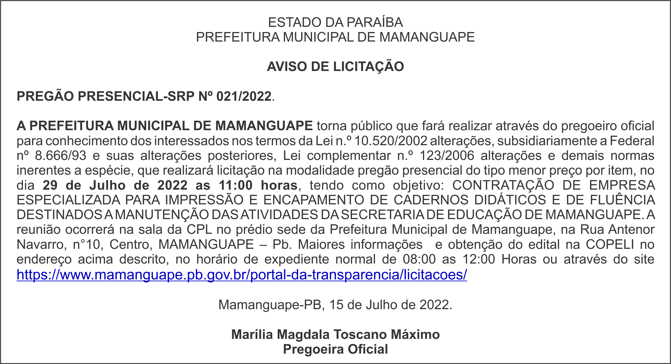 PREFEITURA MUNICIPAL DE MAMANGUAPE – AVISO DE LICITAÇÃO – PREGÃO PRESENCIAL-SRP Nº 021/2022.