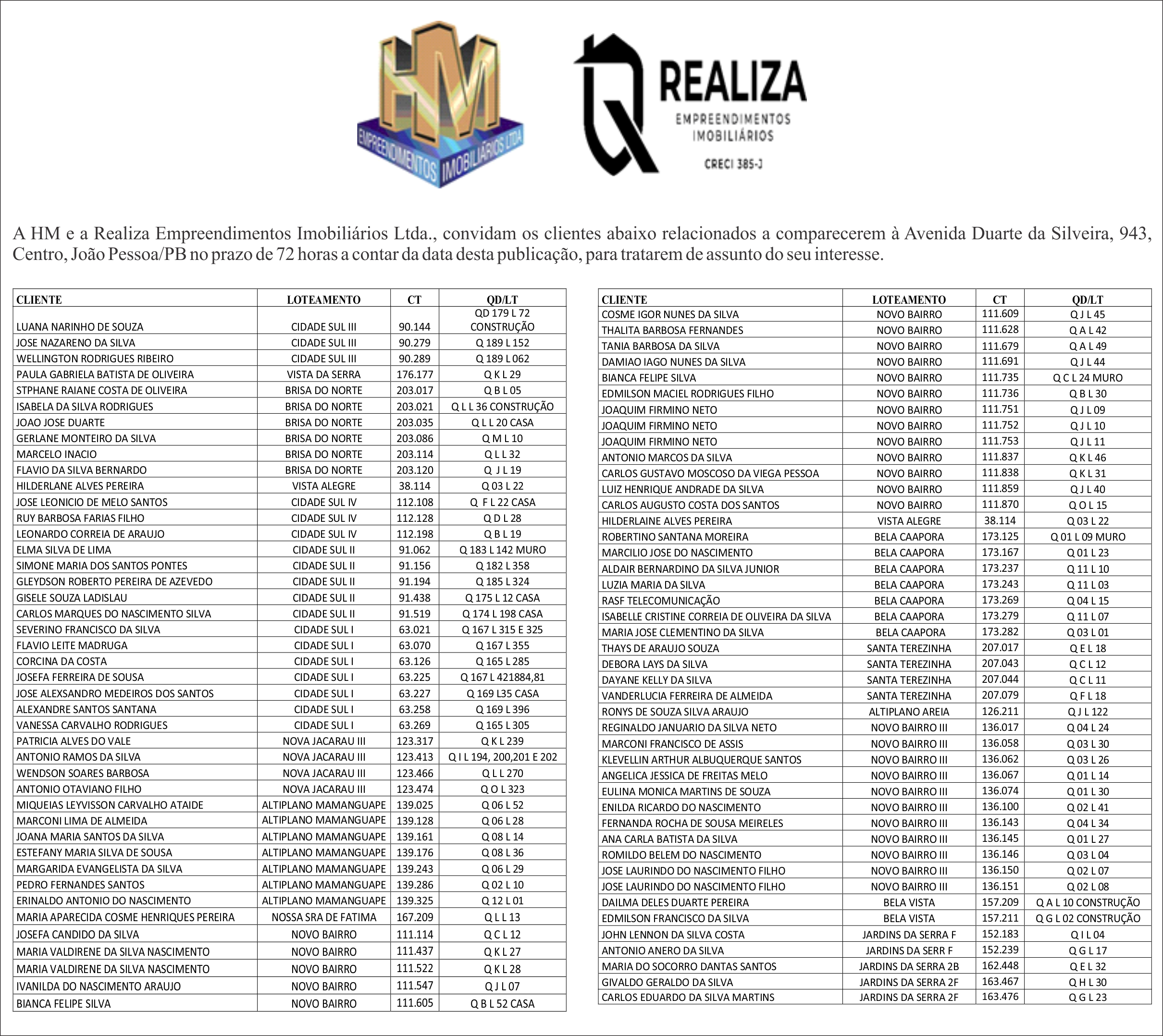 HM E A REALIZA EMPREENDIMENTOS IMOBILIÁRIOS LTDA – CONVITE AOS CLIENTES