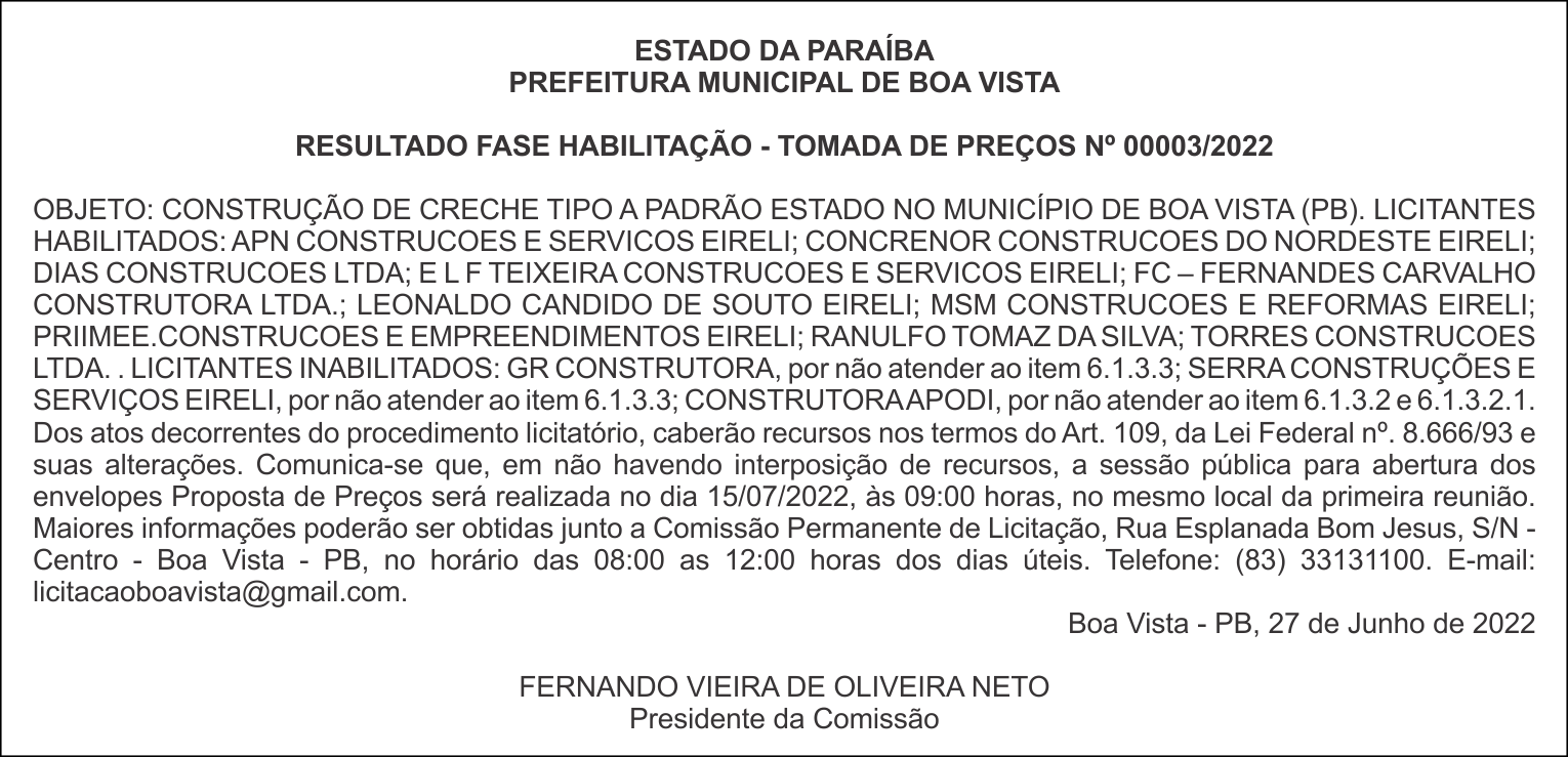 PREFEITURA MUNICIPAL DE BOA VISTA – RESULTADO FASE HABILITAÇÃO – TOMADA DE PREÇOS Nº 00003/2022
