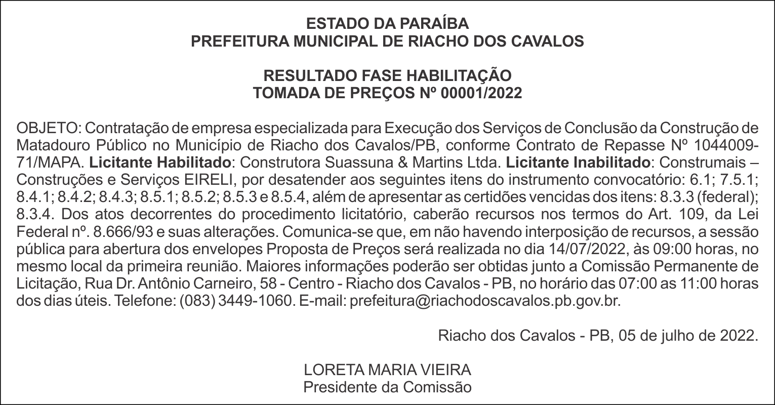 PREFEITURA MUNICIPAL DE RIACHO DOS CAVALOS – RESULTADO FASE HABILITAÇÃO – TOMADA DE PREÇOS Nº 00001/2022