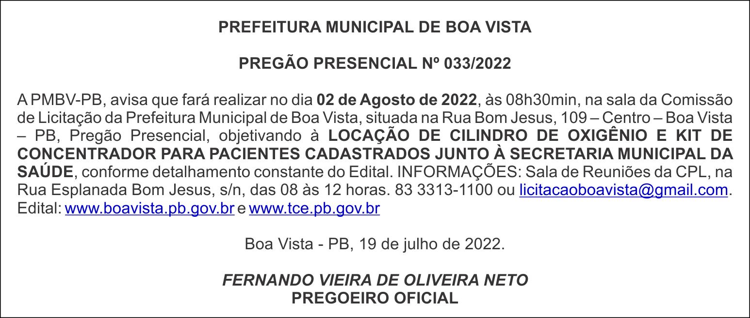 PREFEITURA MUNICIPAL DE BOA VISTA  – PREGÃO PRESENCIAL Nº 033/2022