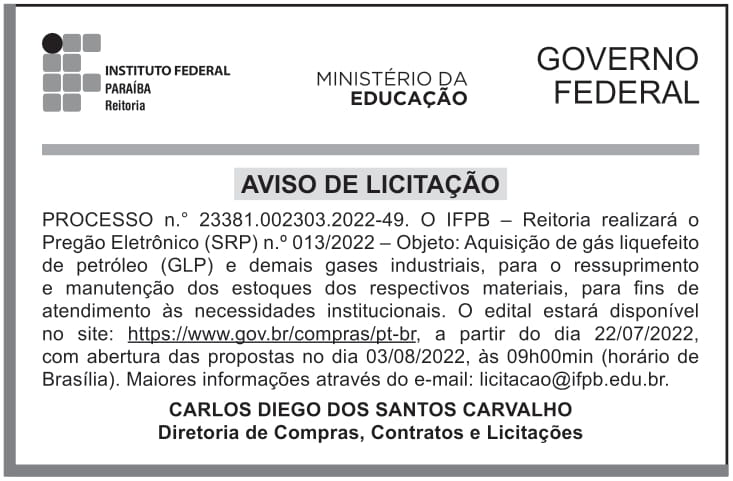 IFPB – PB – JOÃO PESSOA – REITORIA – AVISO DE LICITAÇÃO – PREGÃO ELETRÔNICO (SRP) N.º 013-2022