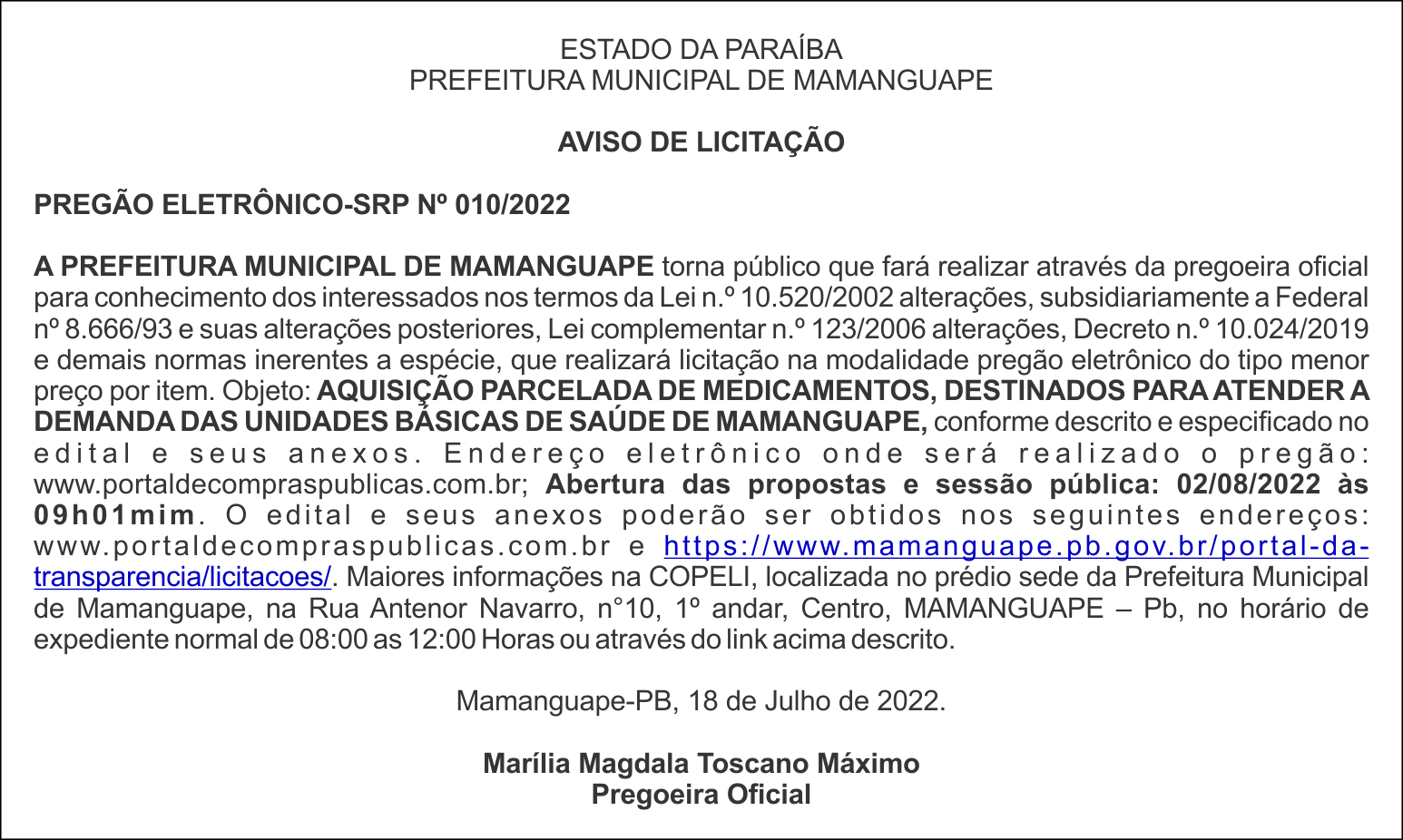 PREFEITURA MUNICIPAL DE MAMANGUAPE – AVISO DE LICITAÇÃO – PREGÃO ELETRÔNICO-SRP Nº 010/2022