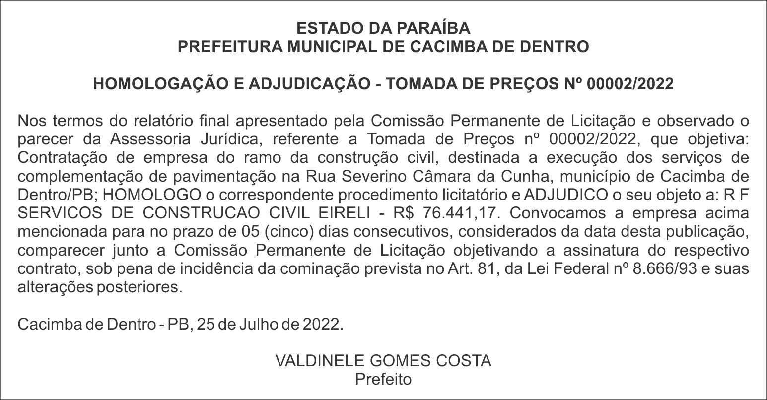 PREFEITURA MUNICIPAL DE CACIMBA DE DENTRO – HOMOLOGAÇÃO E ADJUDICAÇÃO – TOMADA DE PREÇOS Nº 00002/2022