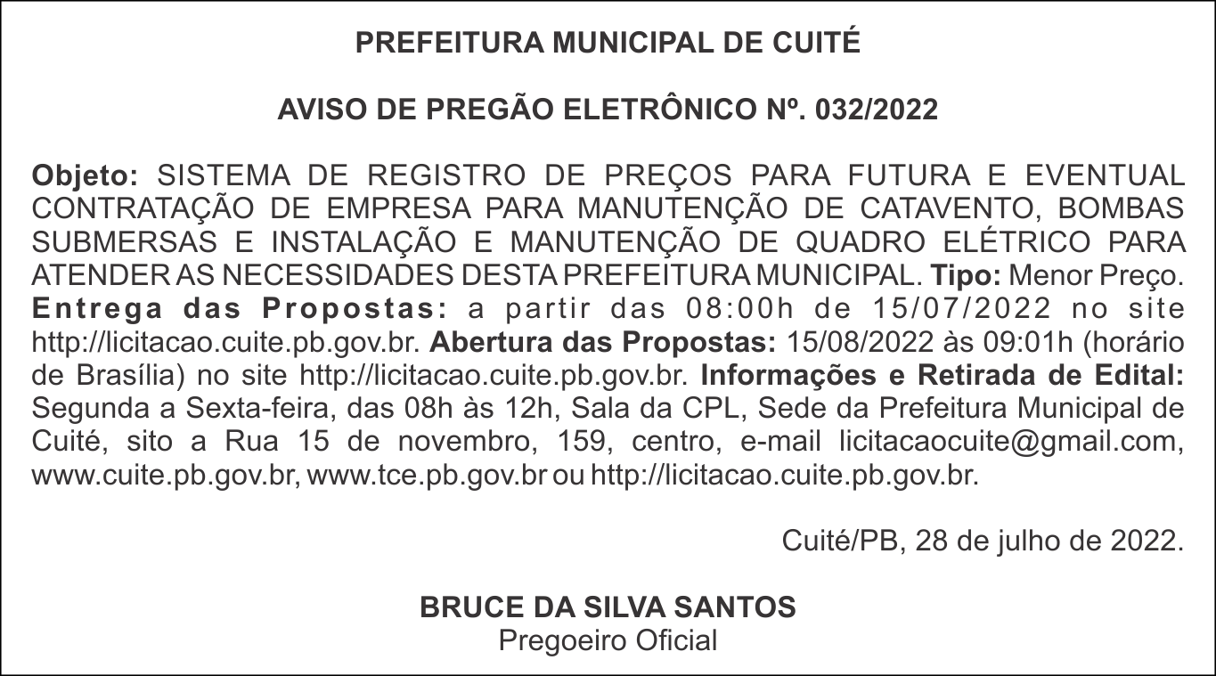 PREFEITURA MUNICIPAL DE CUITÉ – AVISO DE PREGÃO ELETRÔNICO Nº. 032/2022