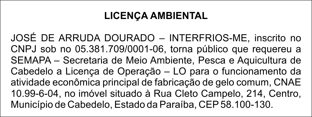 JOSÉ DE ARRUDA DOURADO – INTERFRIOS-ME – LICENÇA AMBIENTAL