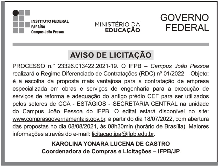IFPB – PB – Regime Diferenciado de Contratações (RDC) nº 01/2022 – Campus João Pessoa