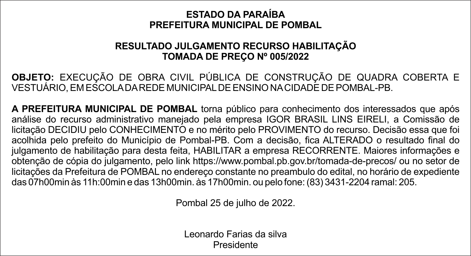 PREFEITURA MUNICIPAL DE POMBAL – RESULTADO JULGAMENTO RECURSO HABILITAÇÃO – TOMADA DE PREÇO Nº 005/2022