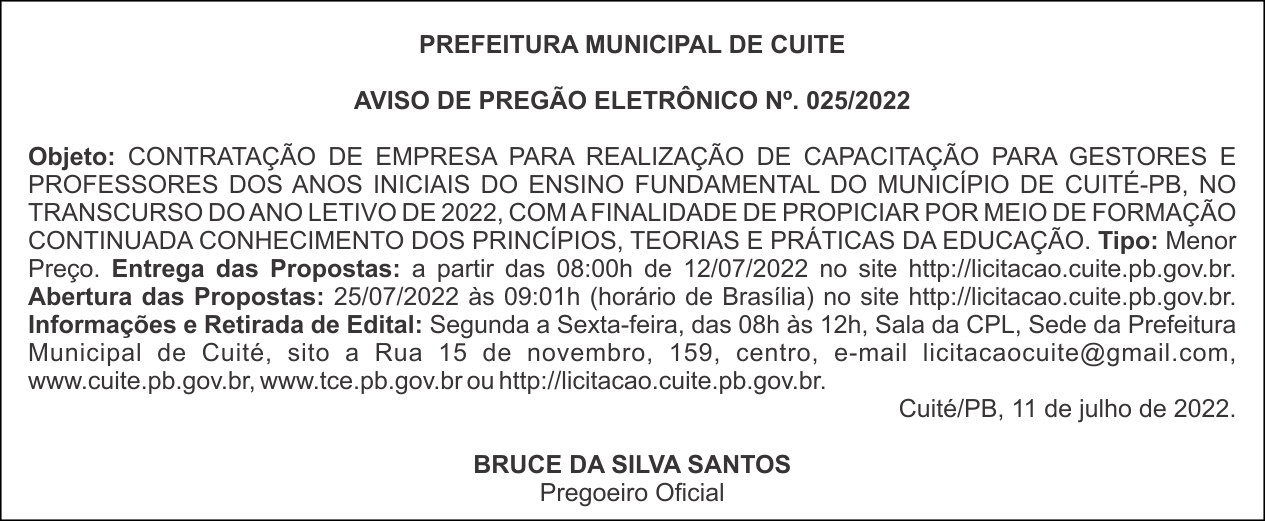 PREFEITURA MUNICIPAL DE CUITE  – AVISO DE PREGÃO – ELETRÔNICO Nº. 025/2022
