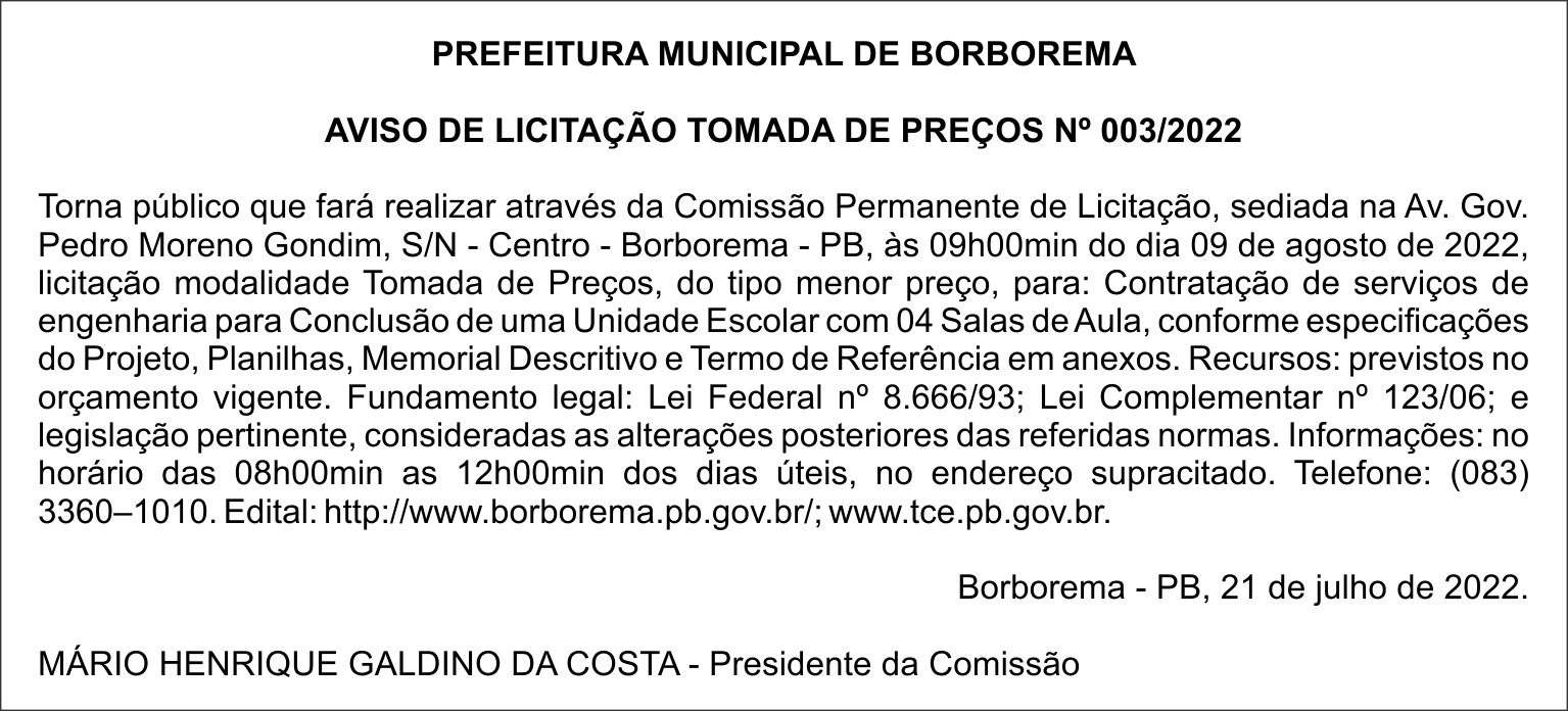 PREFEITURA MUNICIPAL DE BORBOREMA  – AVISO DE LICITAÇÃO – TOMADA DE PREÇOS Nº 003/2022
