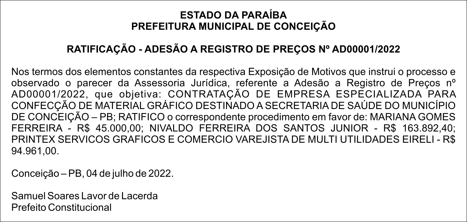 PREFEITURA MUNICIPAL DE CONCEIÇÃO – RATIFICAÇÃO – ADESÃO A REGISTRO DE PREÇOS Nº AD00001/2022