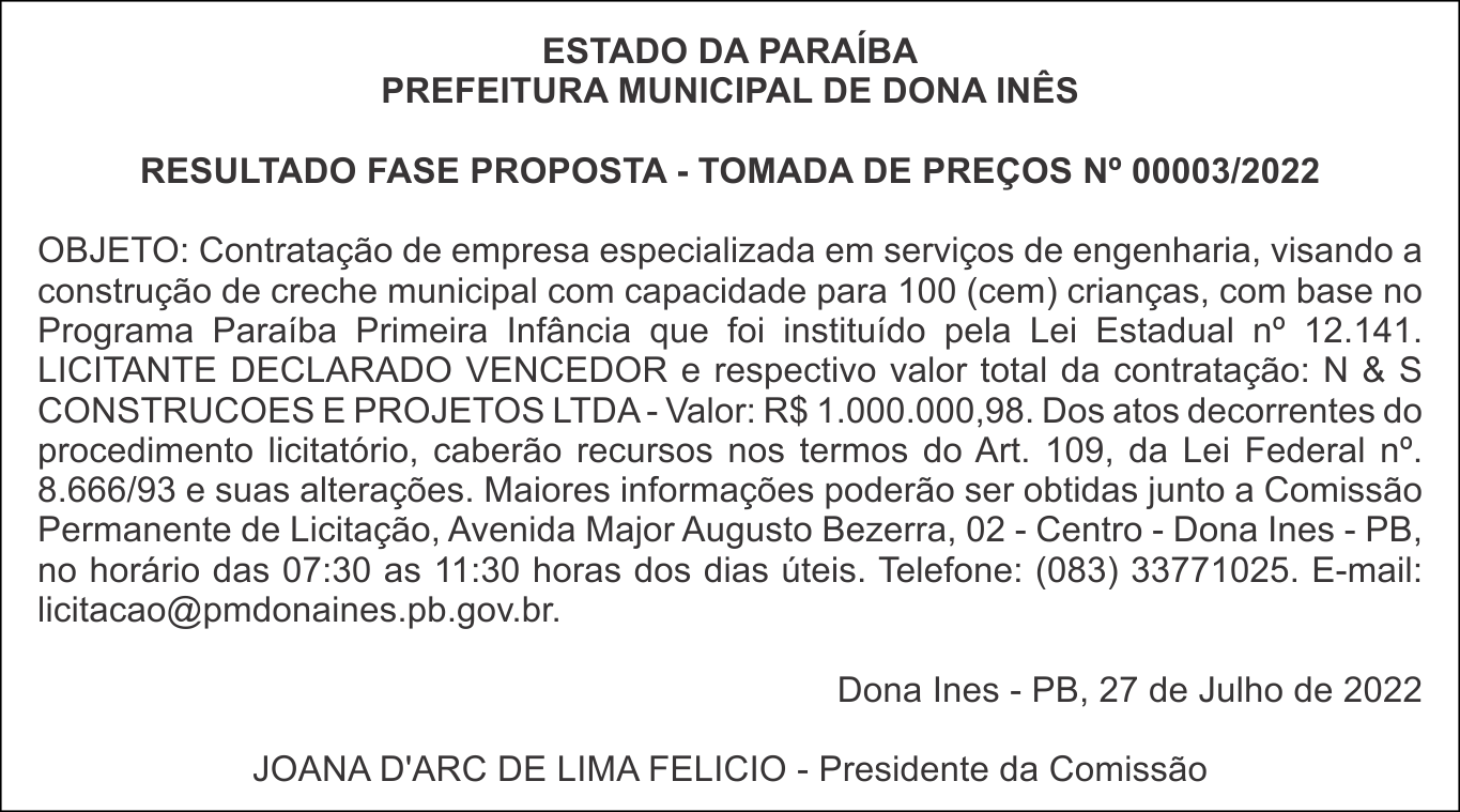 PREFEITURA MUNICIPAL DE DONA INÊS – RESULTADO FASE PROPOSTA – TOMADA DE PREÇOS Nº 00003/2022