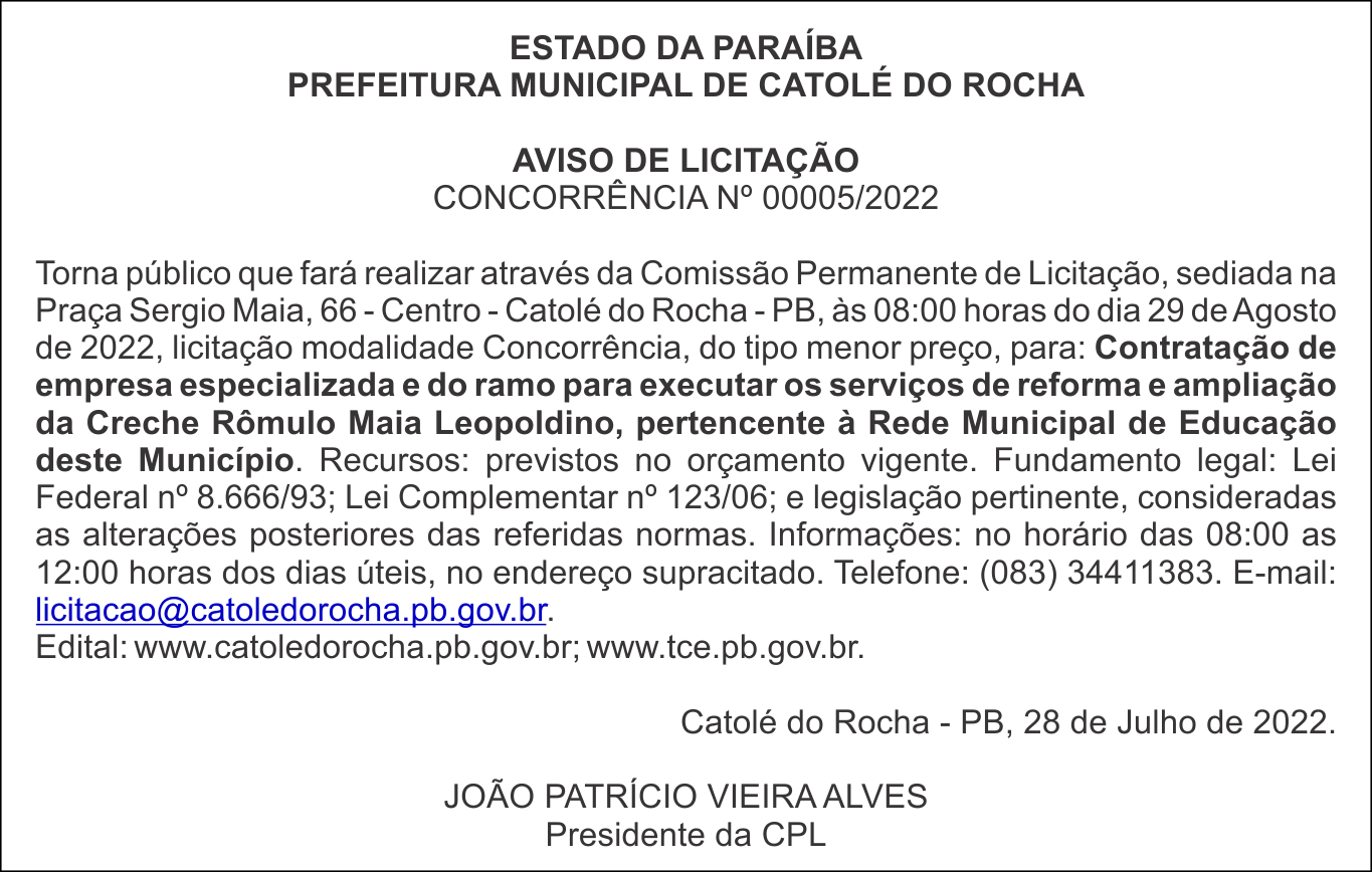 PREFEITURA MUNICIPAL DE CATOLÉ DO ROCHA –  AVISO DE LICITAÇÃO – CONCORRÊNCIA Nº 00005/2022
