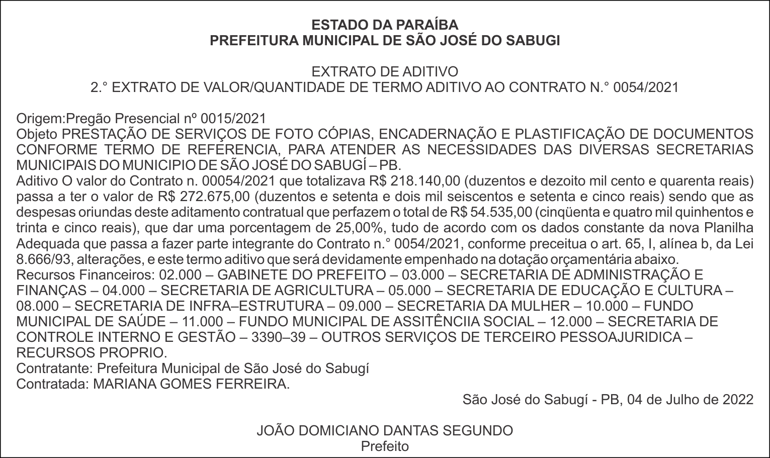 PREFEITURA MUNICIPAL DE SÃO JOSÉ DO SABUGI – EXTRATO DE ADITIVO