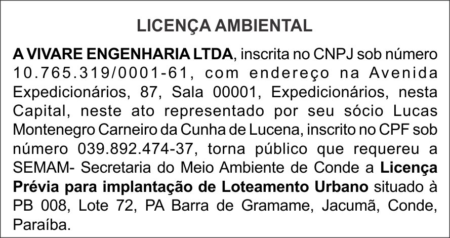 VIVARE ENGENHARIA LTDA – LICENÇA AMBIENTAL