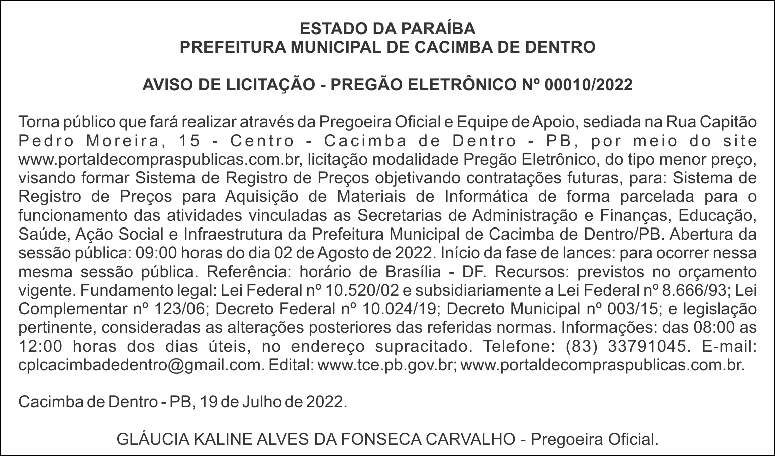 PREFEITURA MUNICIPAL DE CACIMBA DE DENTRO – AVISO DE LICITAÇÃO – PREGÃO ELETRÔNICO Nº 00010/2022