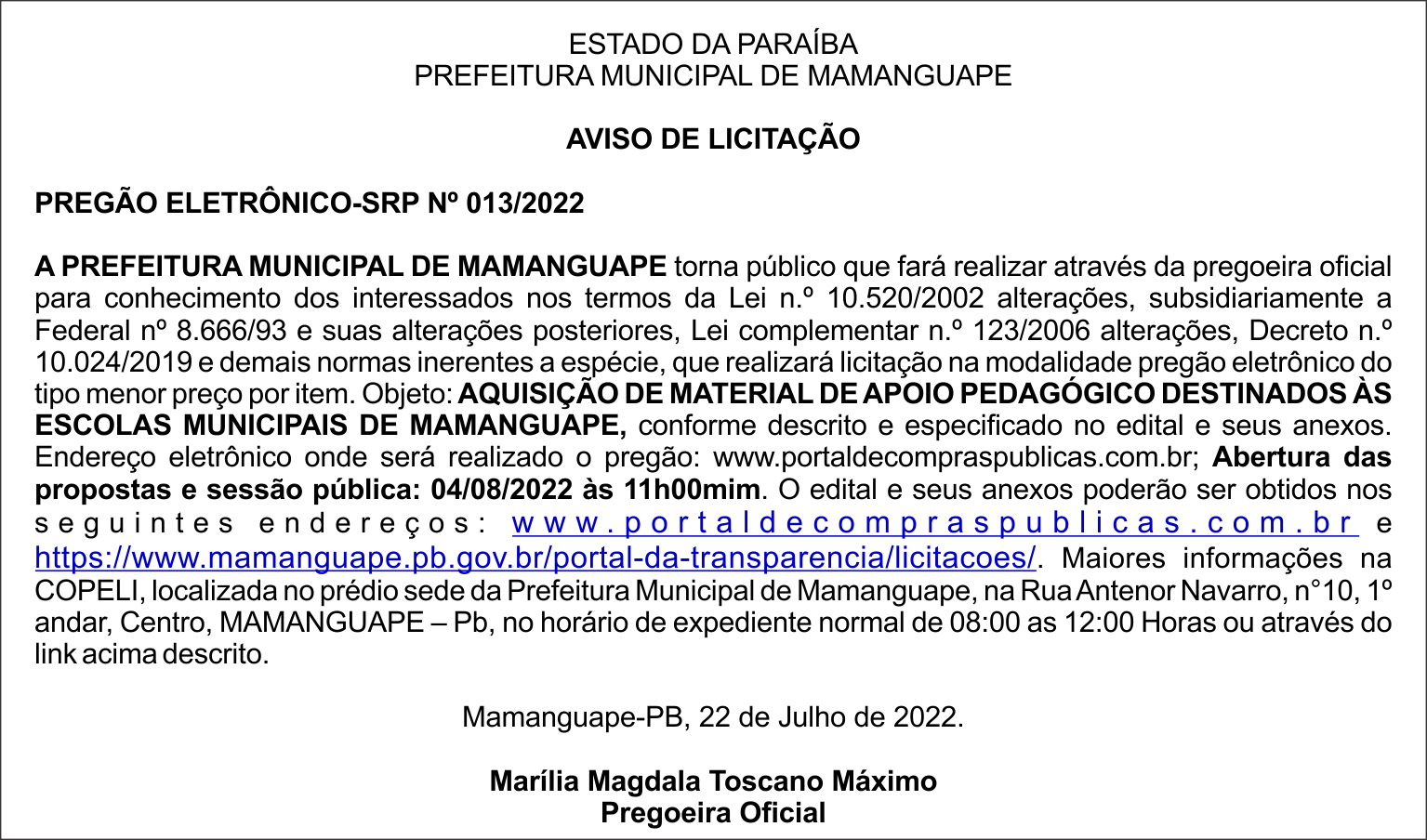 PREFEITURA MUNICIPAL DE MAMANGUAPE – AVISO DE LICITAÇÃO – PREGÃO ELETRÔNICO-SRP Nº 013/2022