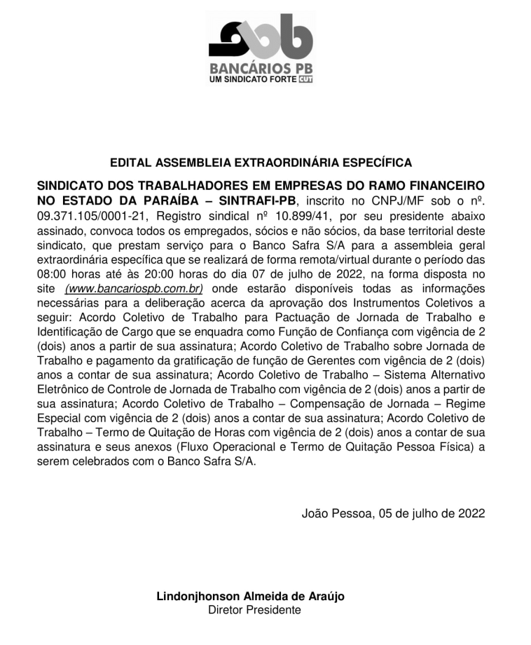 SINTRAFI-PB – EDITAL DE ASSEMBLEIA EXTRAORDINÁRIA ESPECÍFICA