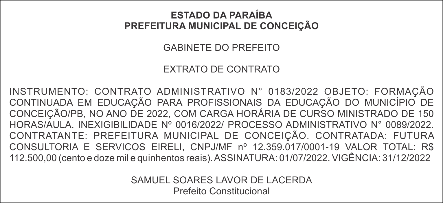 PREFEITURA MUNICIPAL DE CONCEIÇÃO – EXTRATO DE CONTRATO