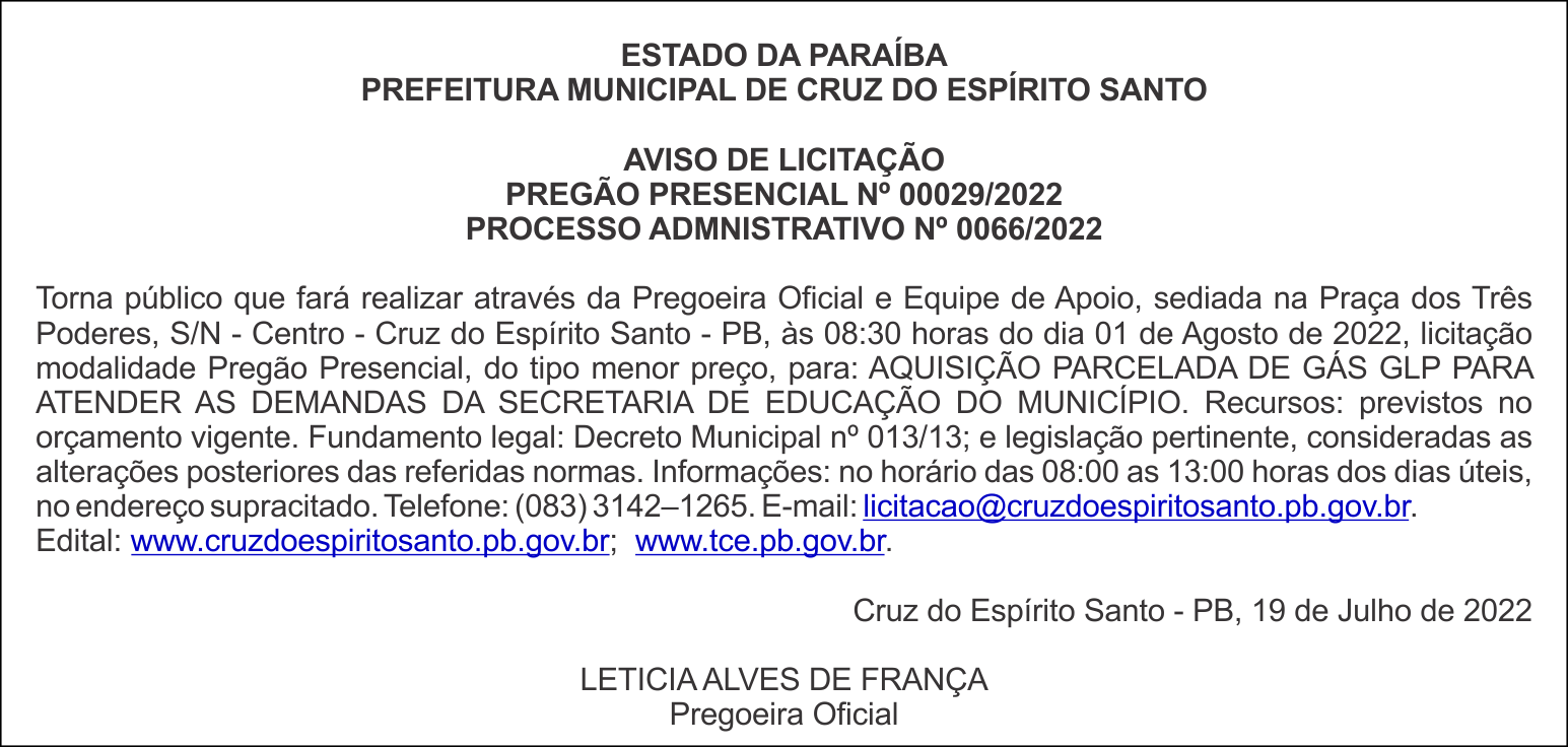 PREFEITURA MUNICIPAL DE CRUZ DO ESPÍRITO SANTO – AVISO DE LICITAÇÃO – PREGÃO PRESENCIAL Nº 00029/2022