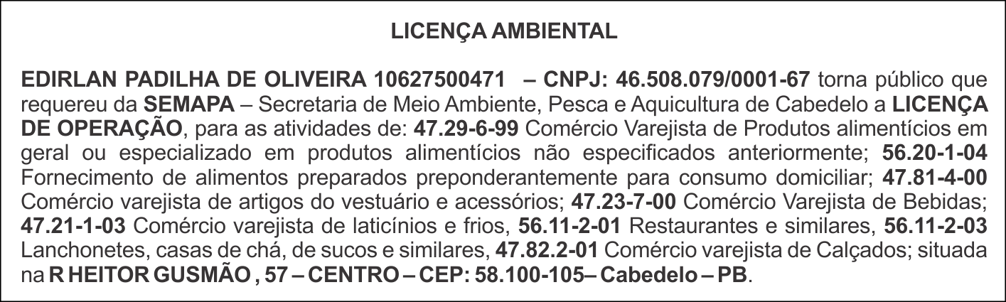 EDIRLAN PADILHA DE OLIVEIRA – LICENÇA AMBIENTAL