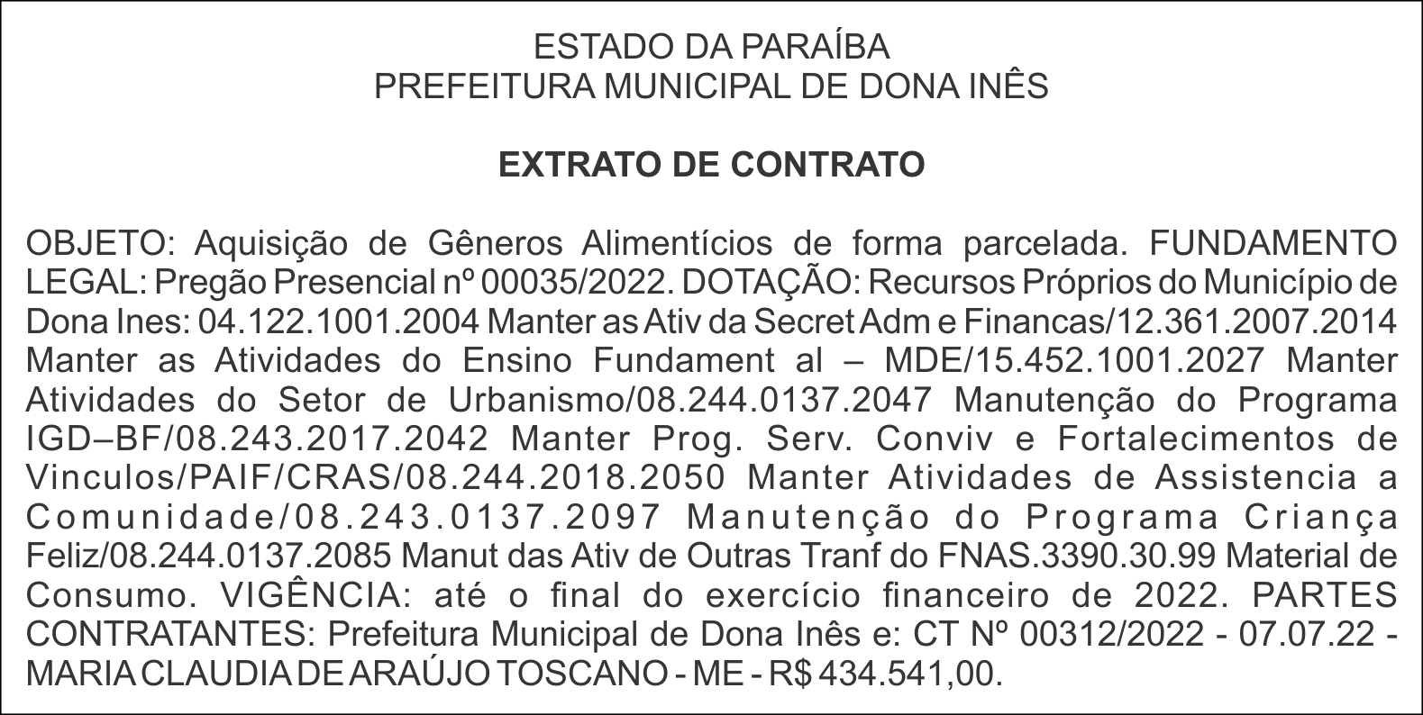 PREFEITURA MUNICIPAL DE DONA INÊS – EXTRATO DE CONTRATO