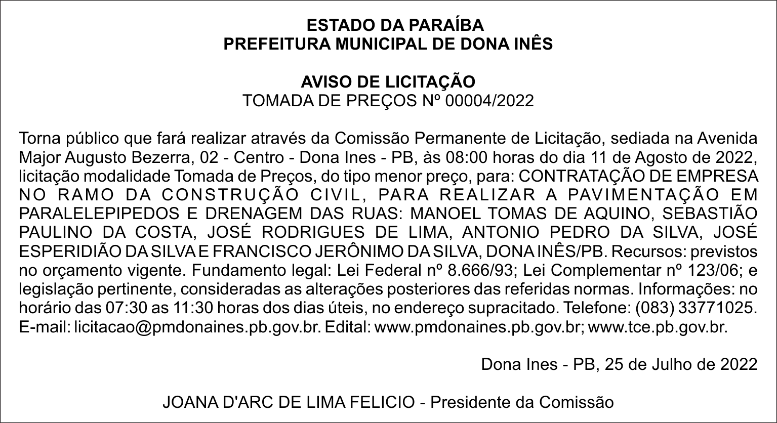 PREFEITURA MUNICIPAL DE DONA INÊS – AVISO DE LICITAÇÃO – TOMADA DE PREÇOS Nº 00004/2022