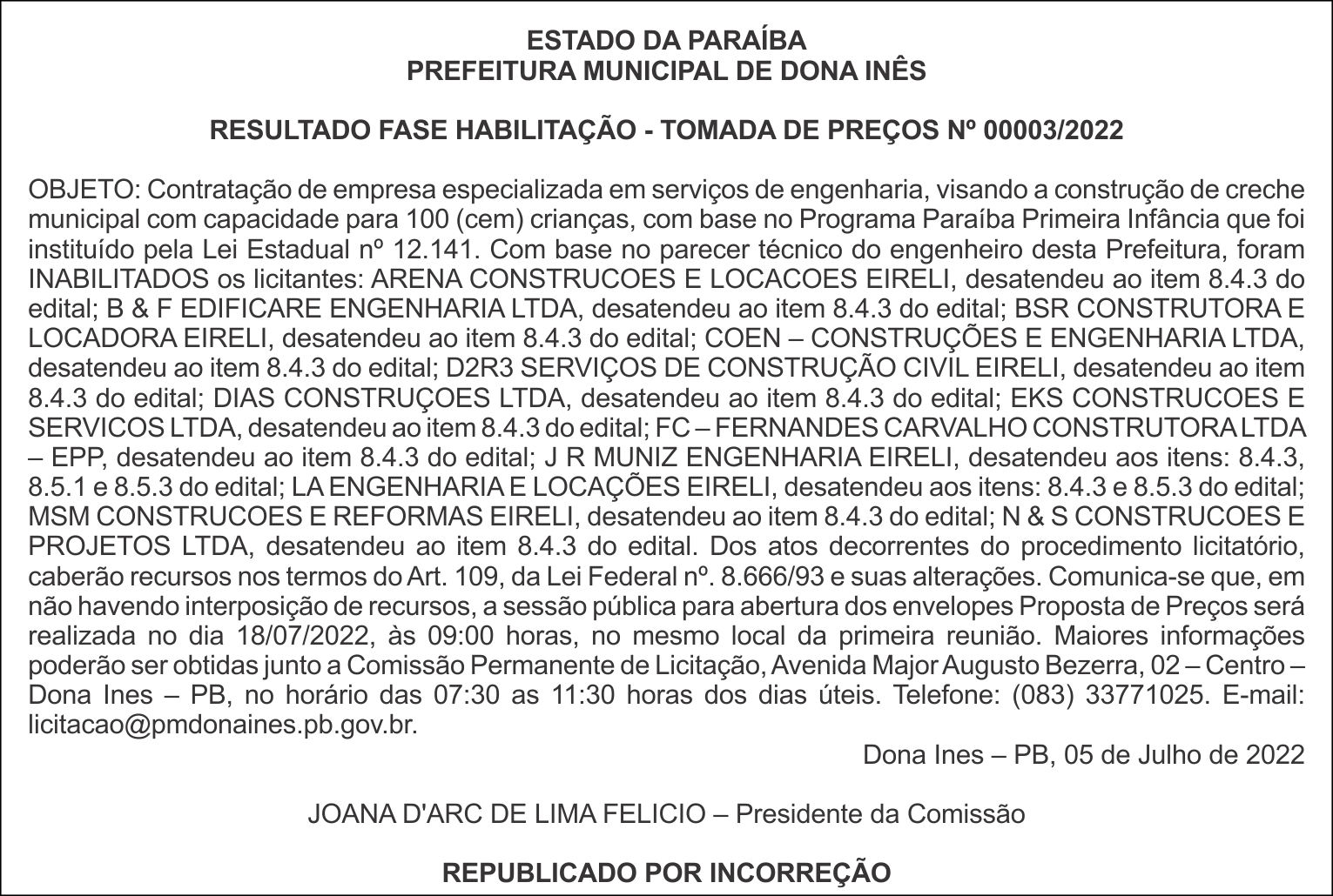 PREFEITURA MUNICIPAL DE DONA INÊS – RESULTADO FASE HABILITAÇÃO – TOMADA DE PREÇOS Nº 00003/2022