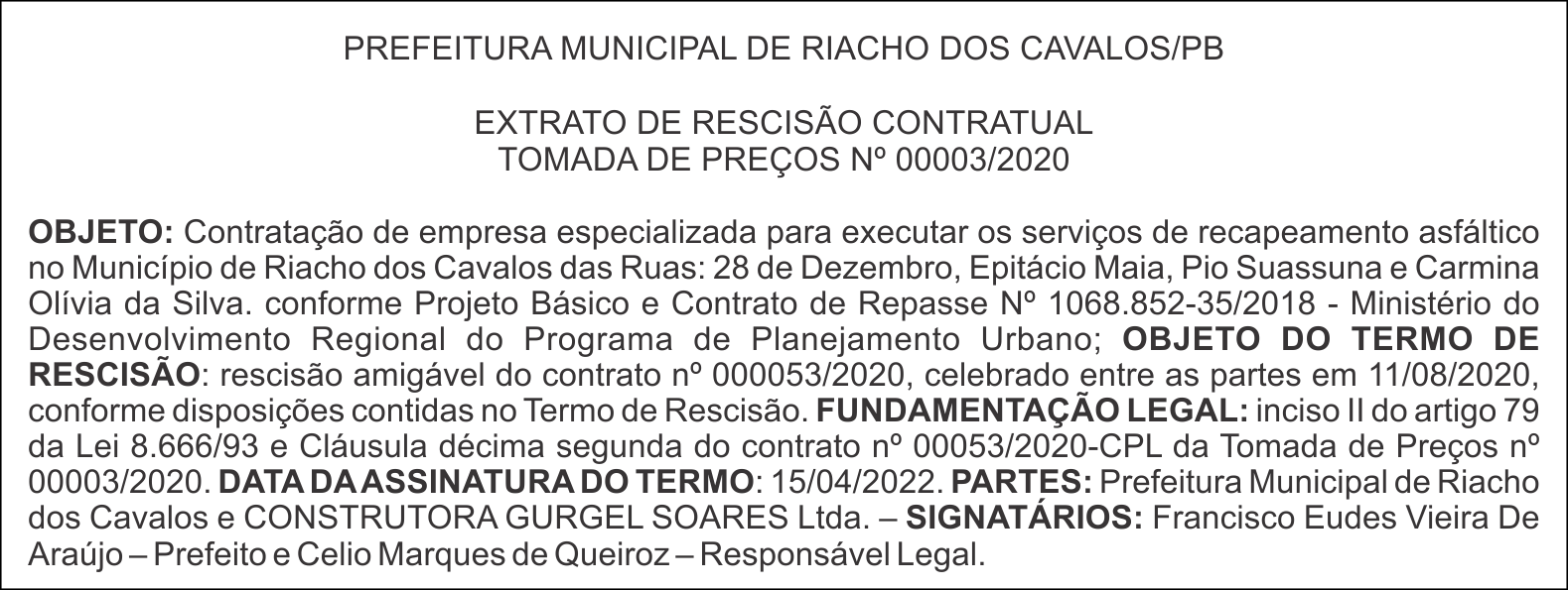 PREFEITURA MUNICIPAL DE RIACHO DOS CAVALOS/PB – EXTRATO DE RESCISÃO CONTRATUAL – TOMADA DE PREÇOS Nº 00003/2020