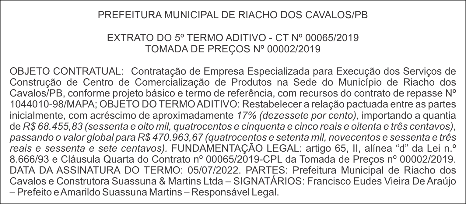 PREFEITURA MUNICIPAL DE RIACHO DOS CAVALOS/PB – EXTRATO DO 5º TERMO ADITIVO – CT No 00065/2019