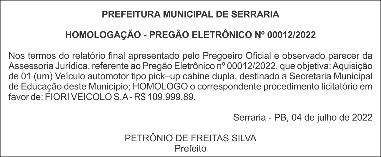 PREFEITURA MUNICIPAL DE SERRARIA – HOMOLOGAÇÃO – PREGÃO ELETRÔNICO Nº 00012/2022
