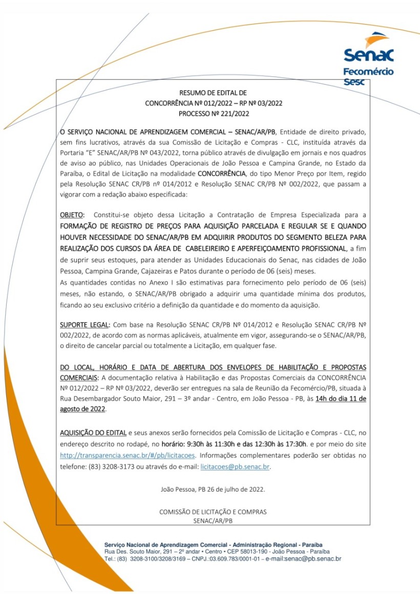 SENAC – RESUMO DE EDITAL DE  CONCORRÊNCIA Nº 012/2022 – RP Nº 03/2022